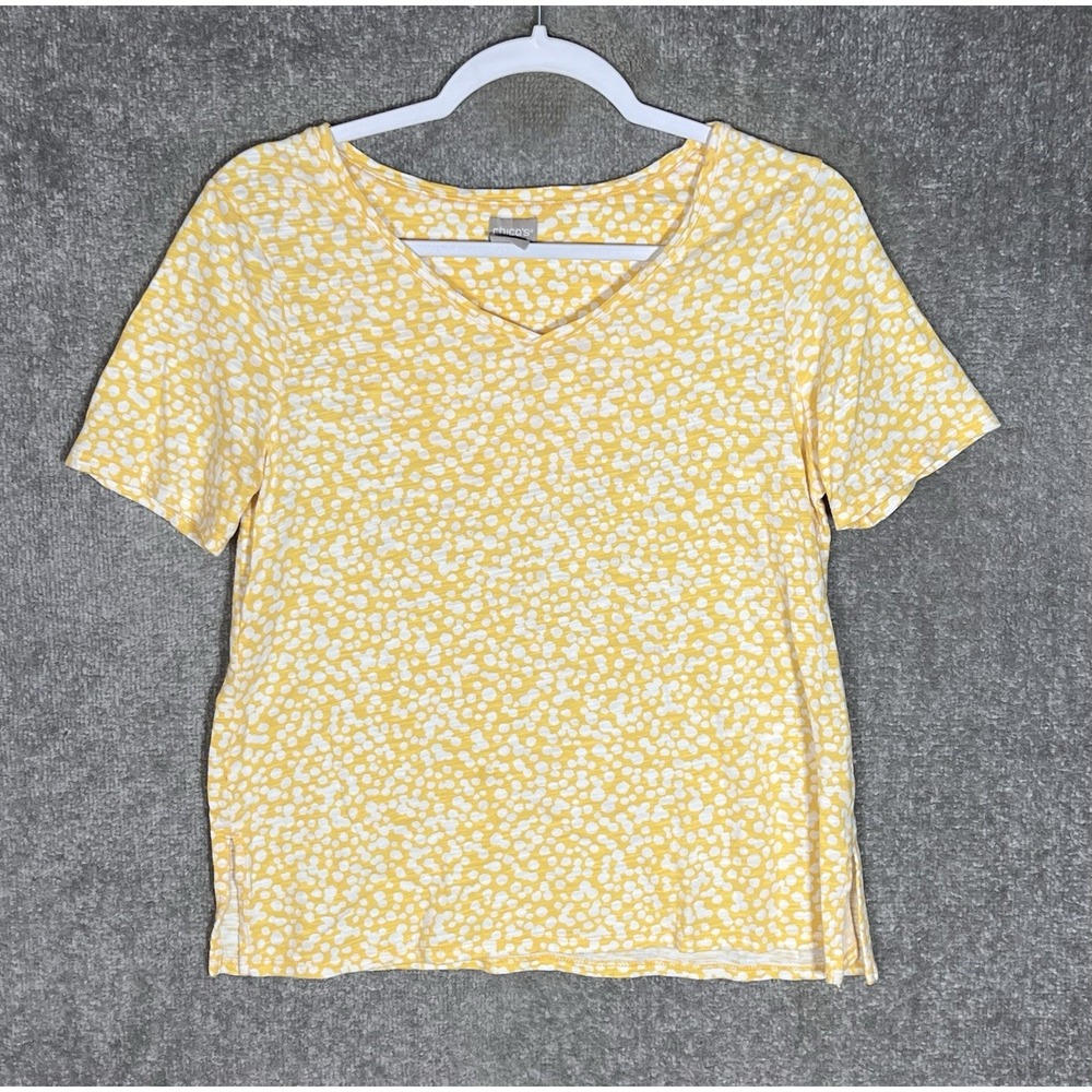 Chicos Slub Knit Top Womens Sz 0P US Sz SP Yellow White Short Sleeve VNeck Shirt
